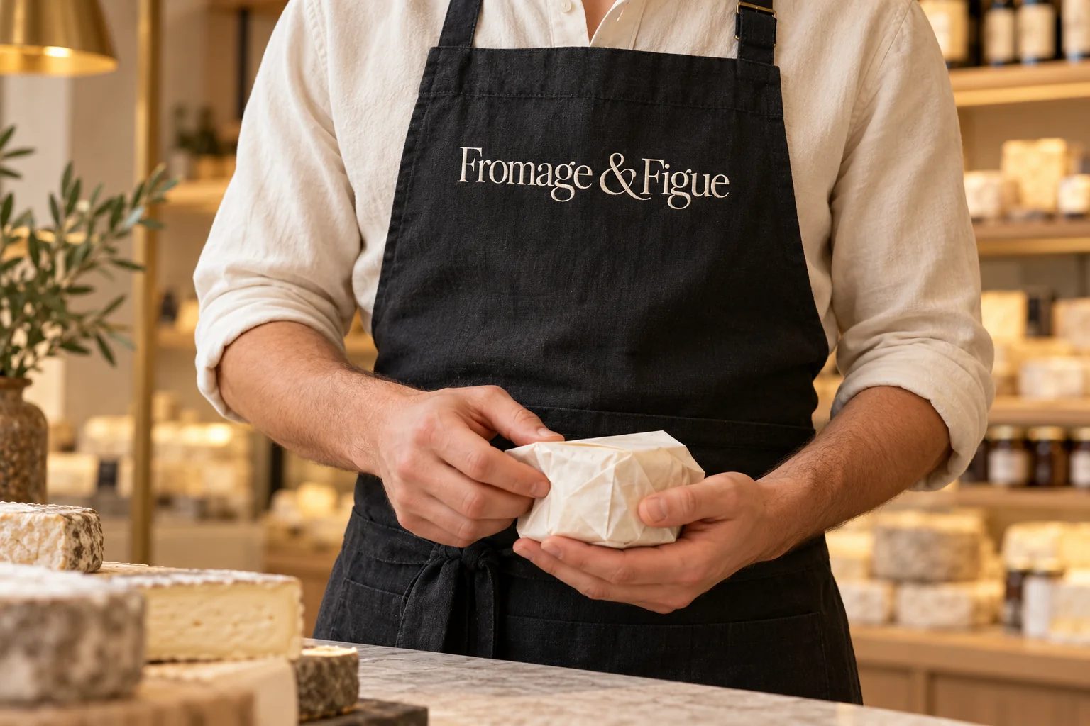 A cheesemonger in a black Fromage & Figue apron wrapping a piece of cheese