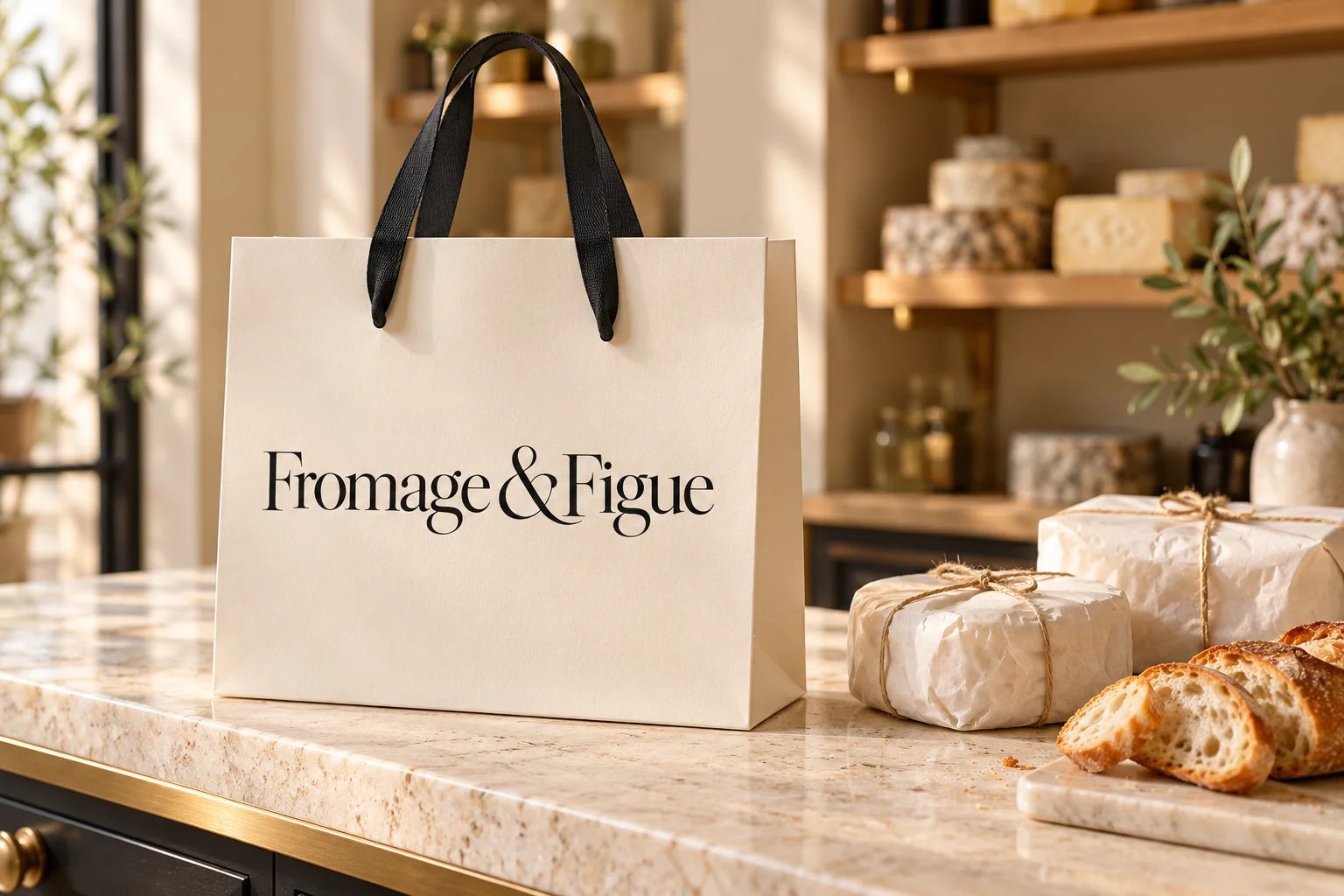 A cream Fromage & Figue shopping bag with black handles on the counter