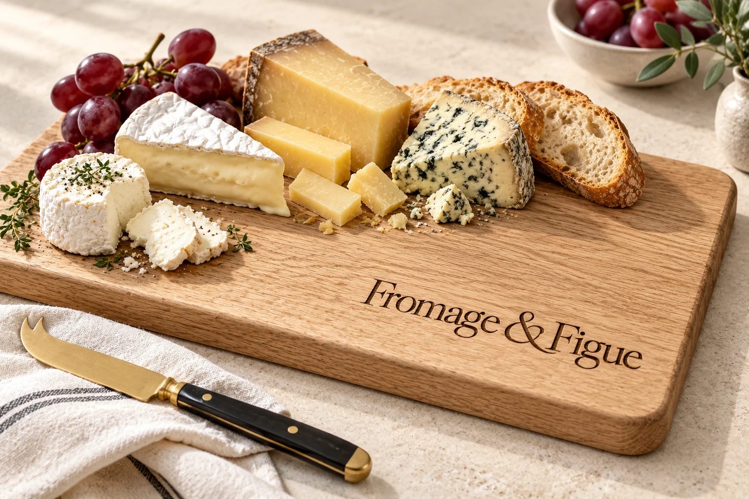 An oak cheese board engraved with the Fromage & Figue logo, with brie, aged cheese, blue cheese, goat cheese, grapes and bread