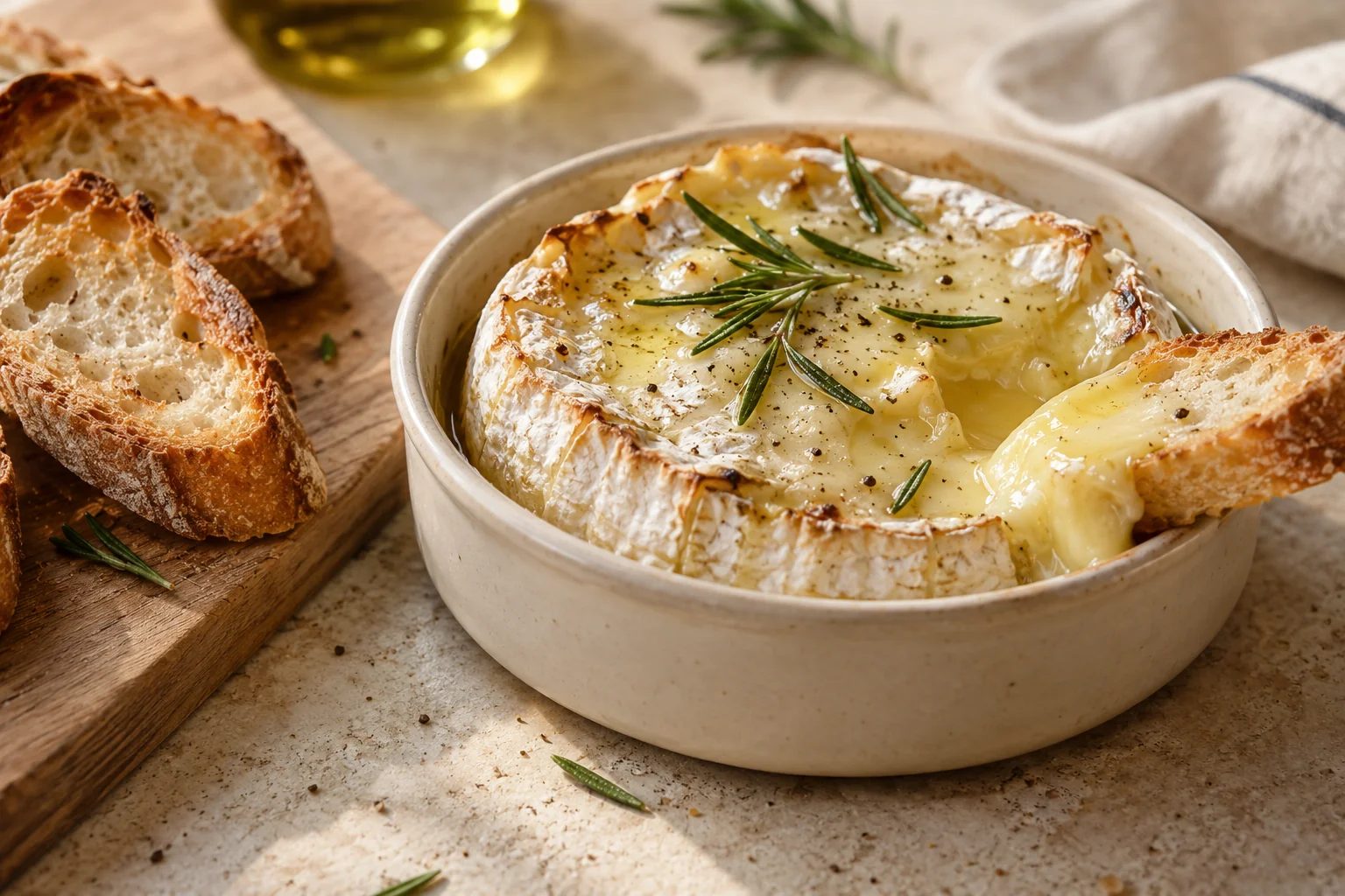 A baked camembert with rosemary and honey, with toasted bread for dipping