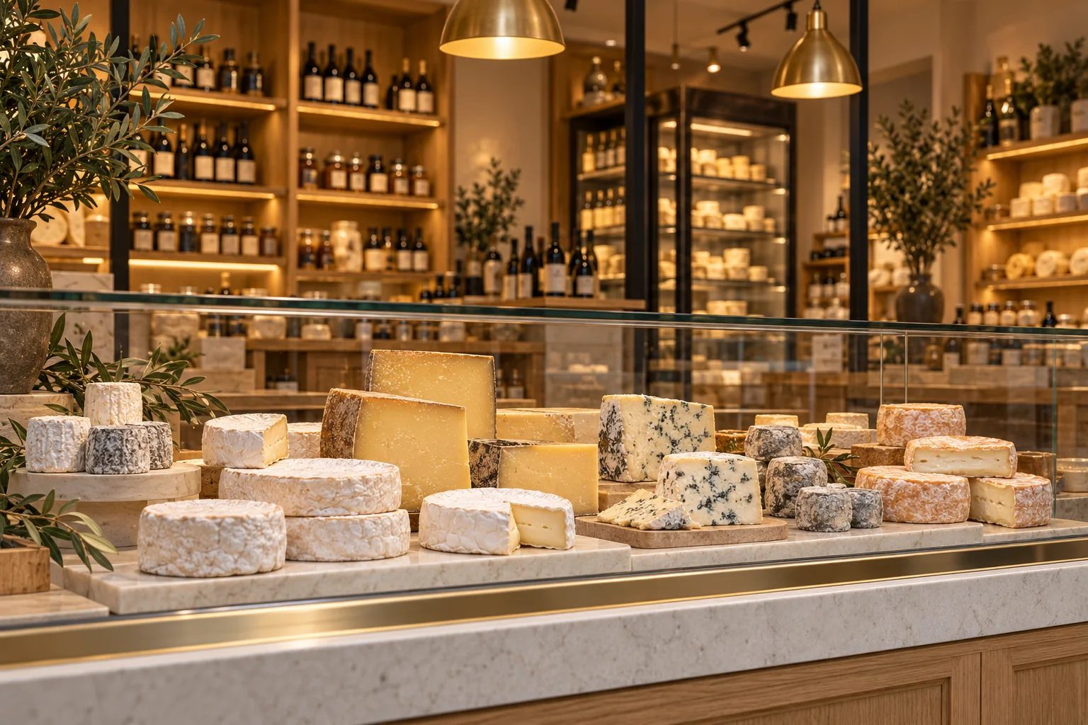 The cheese counter, with wheels and wedges on marble under warm brass lights