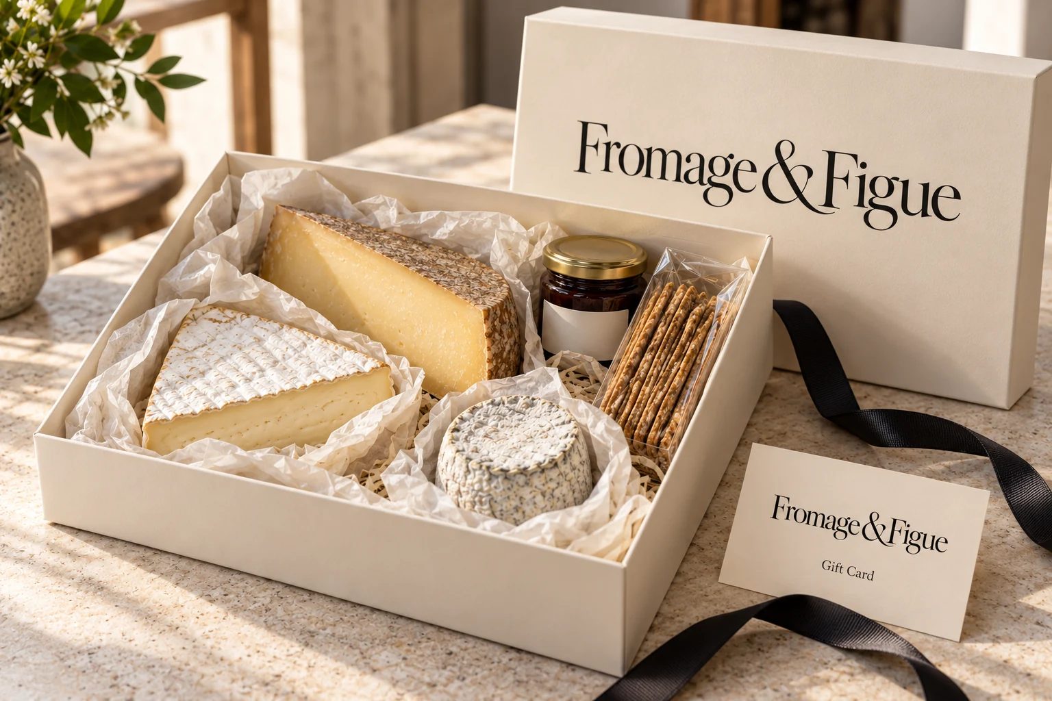 A Fromage & Figue gift box with brie, aged cheese, goat cheese, fig jam and crackers, beside a gift card