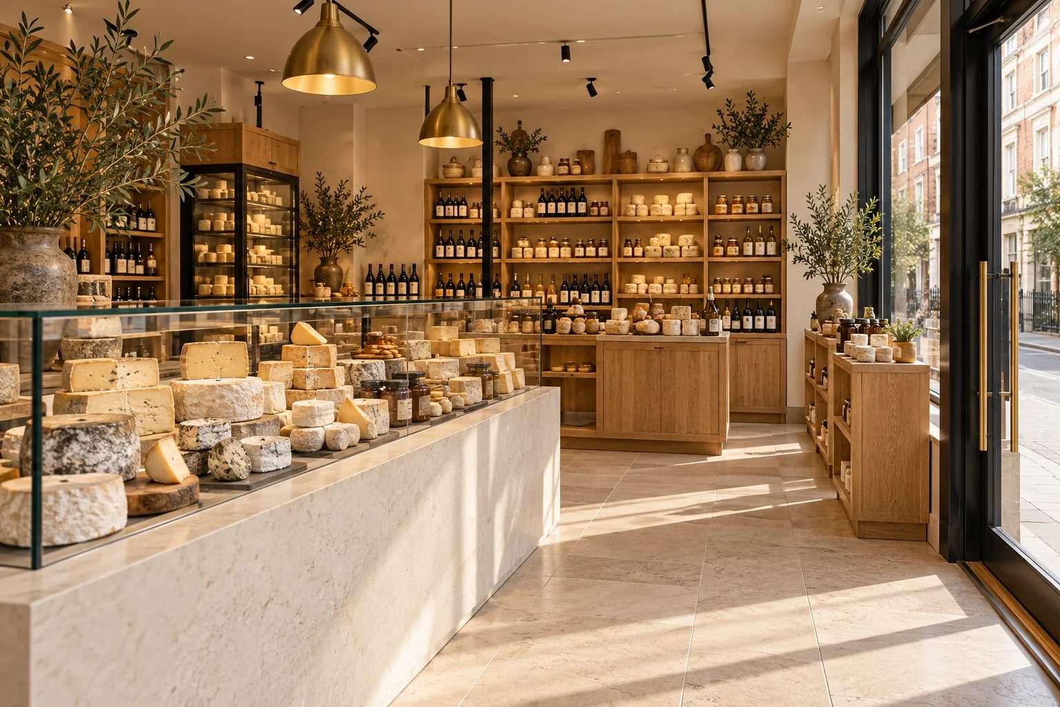 Inside the shop, with the cheese counter on the left and sunlight from the street windows