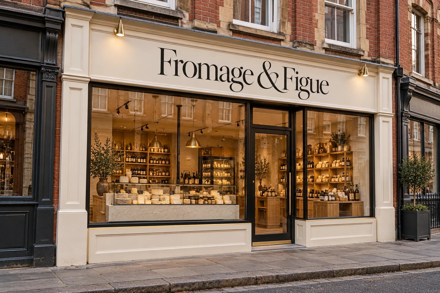 The Fromage & Figue shopfront at golden hour, with a cheese counter glowing in the window