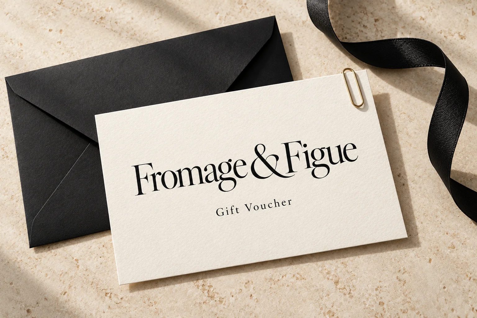 A Fromage & Figue gift voucher with a black envelope and ribbon