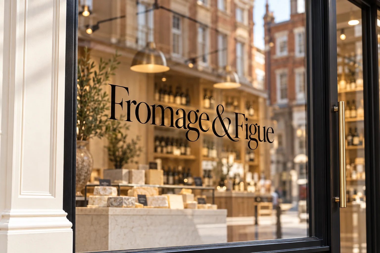 The Fromage & Figue shop window with the logo on the glass, looking onto the street