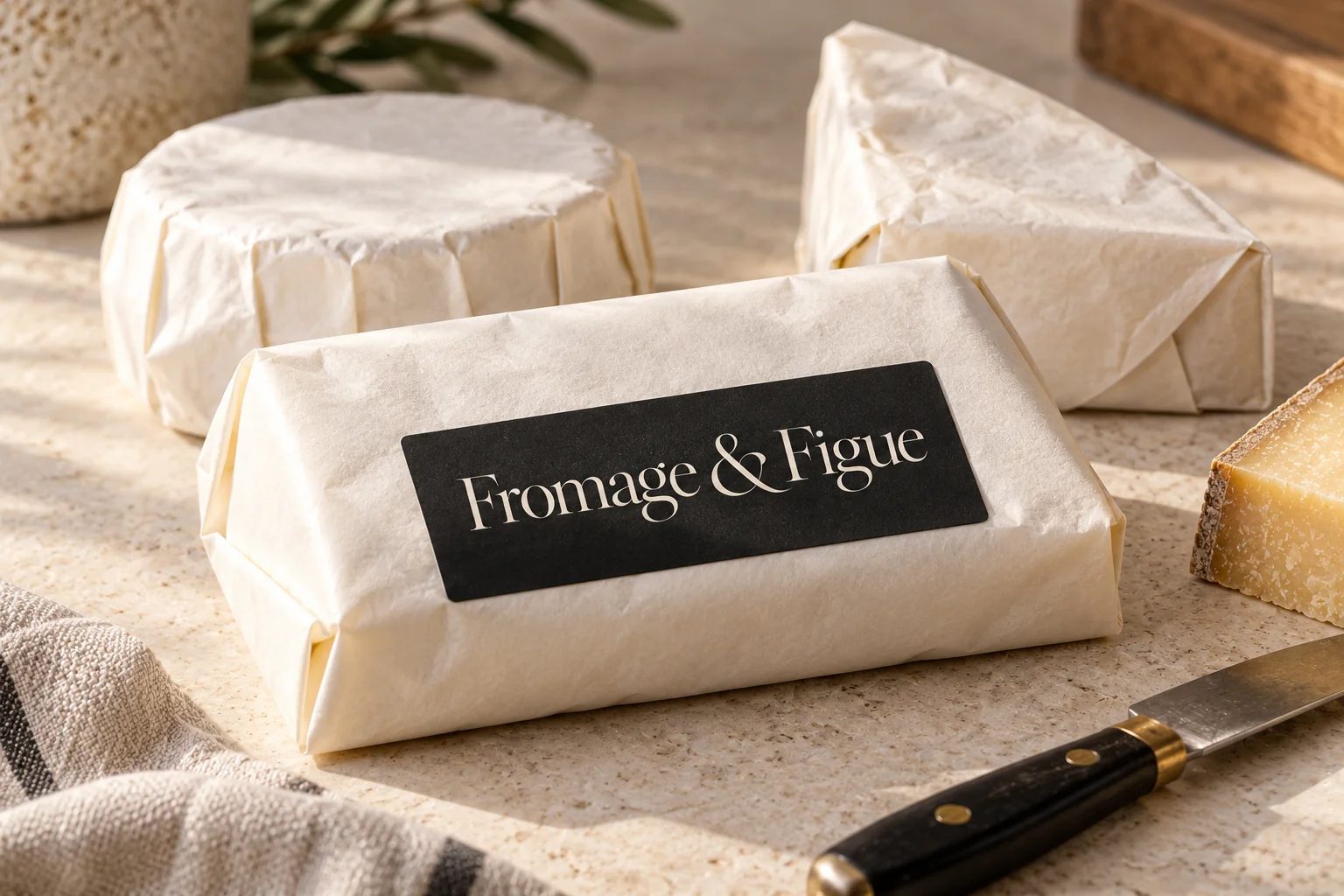 Cheese wrapped in paper with a Fromage & Figue label